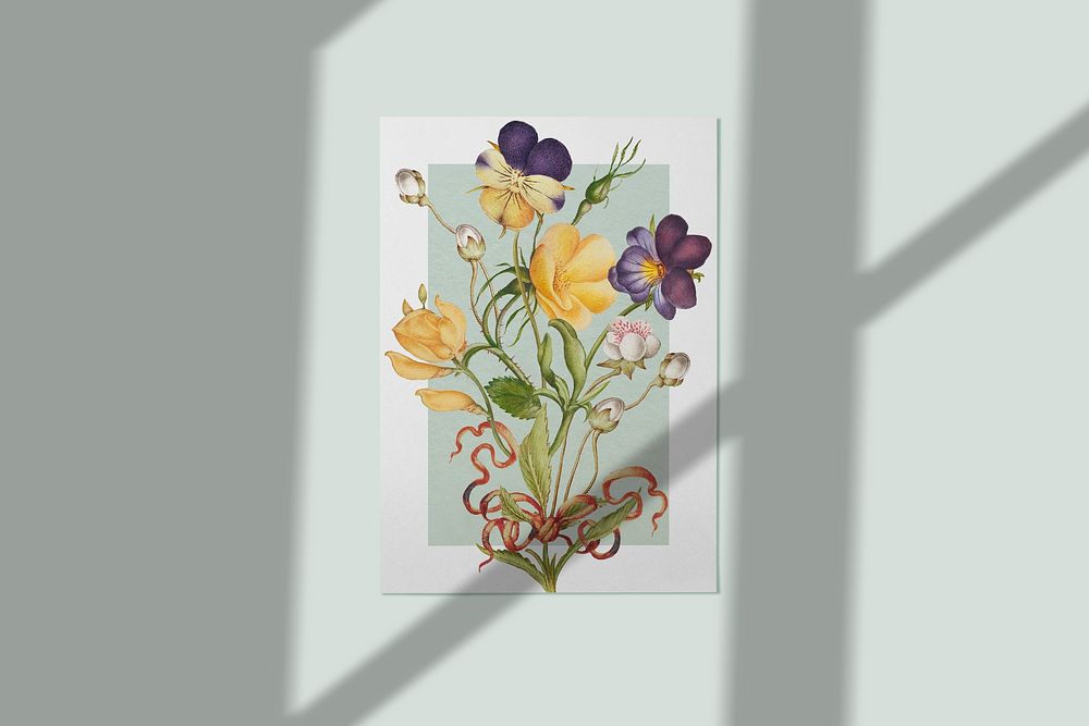 Paper poster floral mockup psd on the wall
