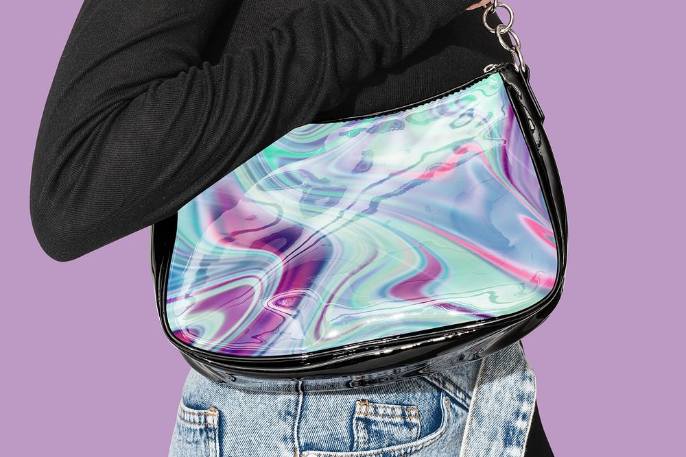 Woman with a holographic baguette bag