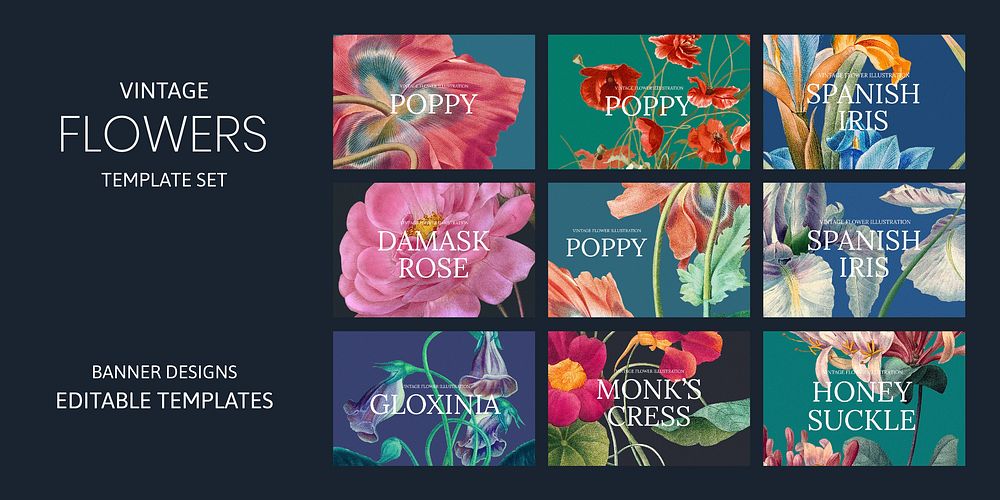 Vintage flower vector template set, remixed from public domain artworks