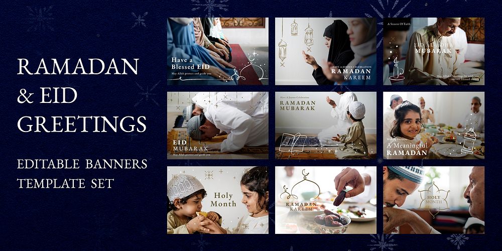 Ramadan and eid greetings vector banner set