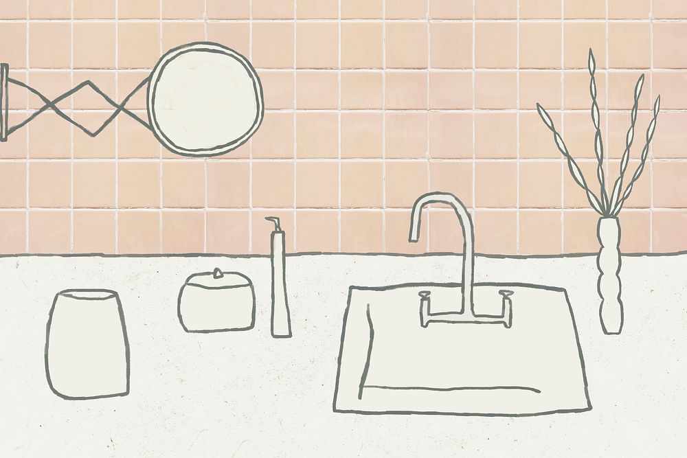 Bathroom sink doodle vector with pink tiled wall home interior illustration
