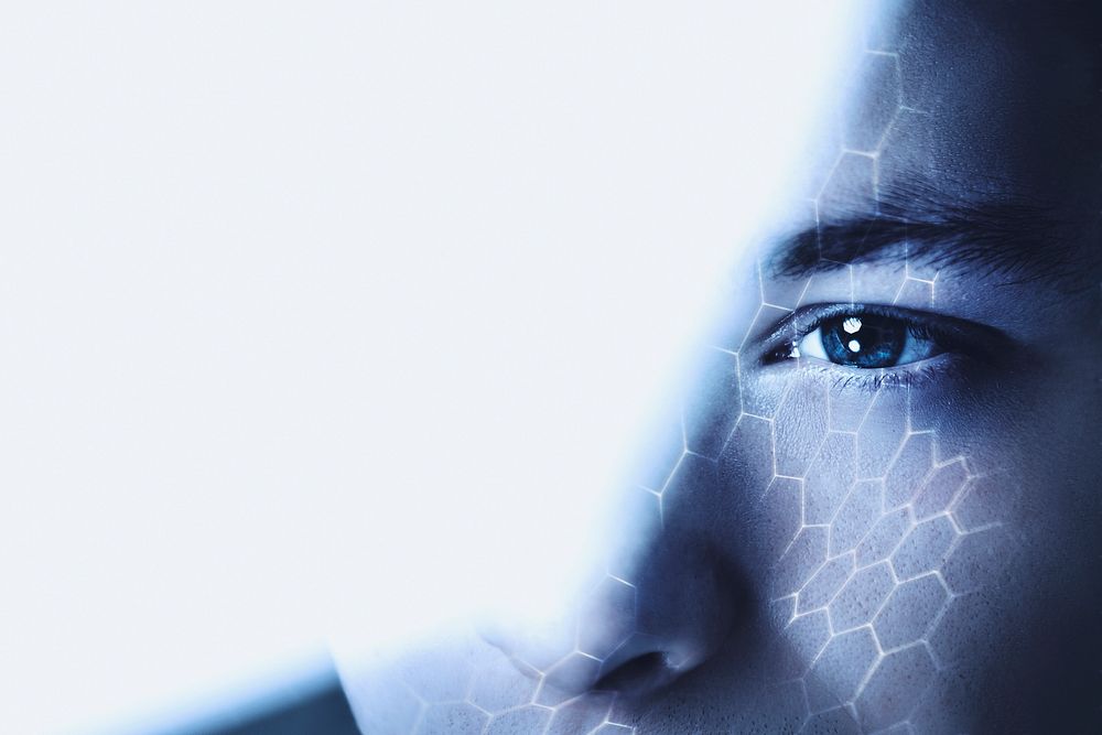 Man looking through glass business vision blockchain technology digital remix