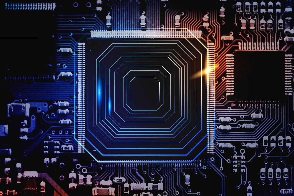 Smart microchip background on a motherboard closeup technology