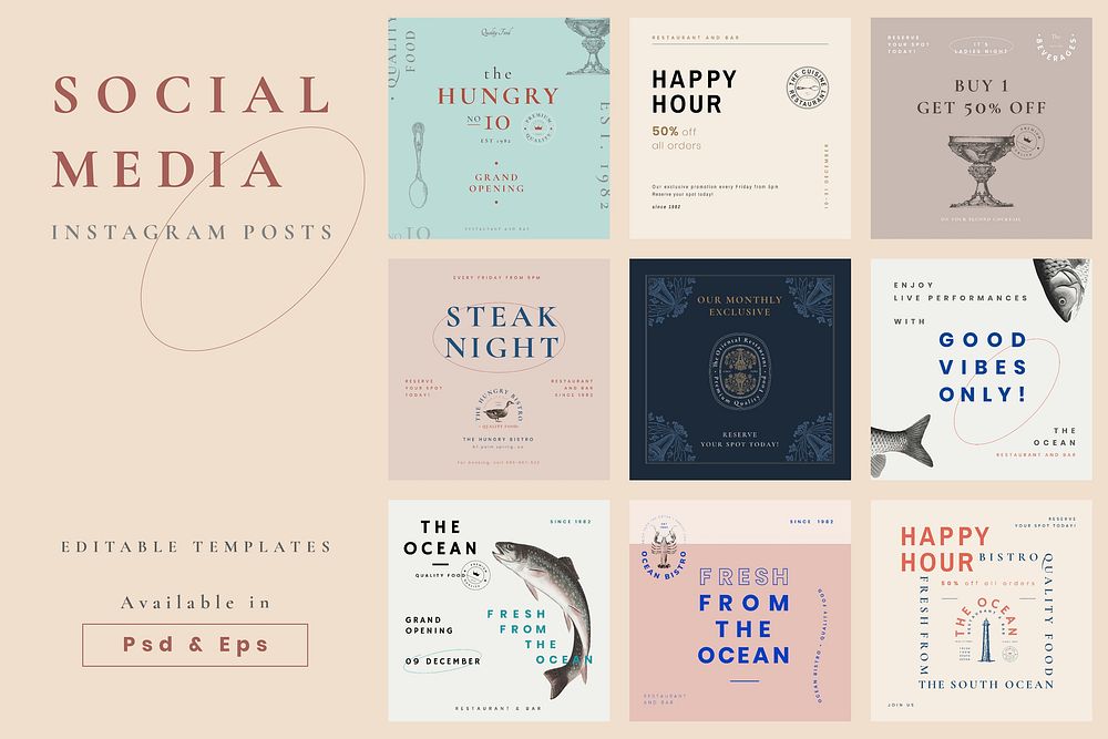 Restaurant social media posts vector aesthetic design, remixed from public domain artworks