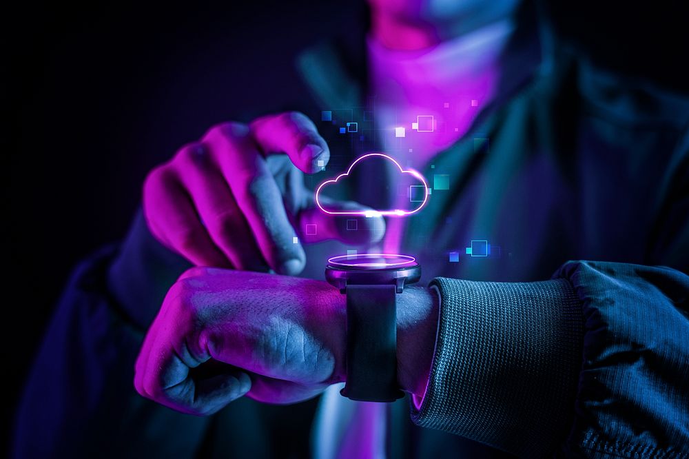 Cloud technology psd with futuristic hologram on smartwatch