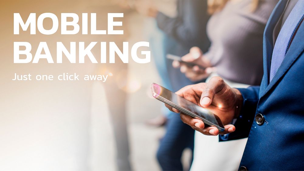 Mobile banking financial technology with people using phones background