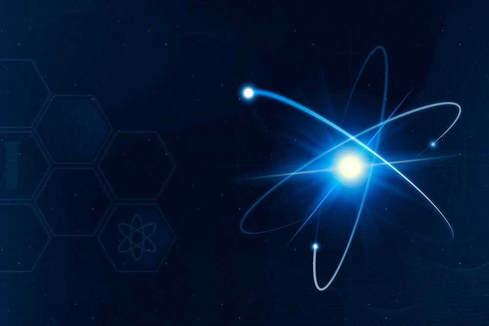 Atomic science technology background border in blue neon style with blank space