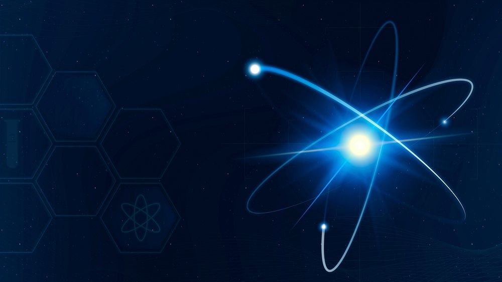Atomic science technology background vector border in blue neon style with blank space