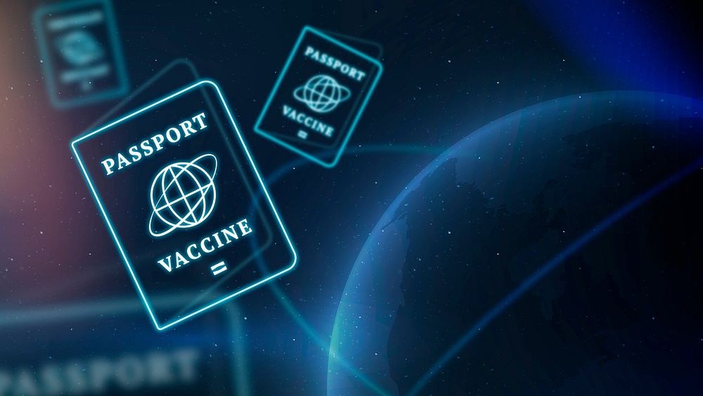 Covid-19 vaccine passport border vector smart technology background in blue