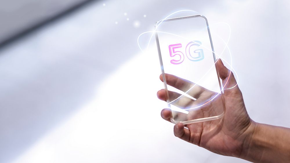 5G global network background technology with futuristic transparent smartphone remixed media