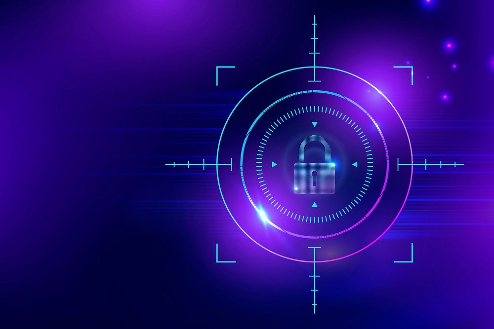 Cyber security technology background vector with data lock icon in purple tone