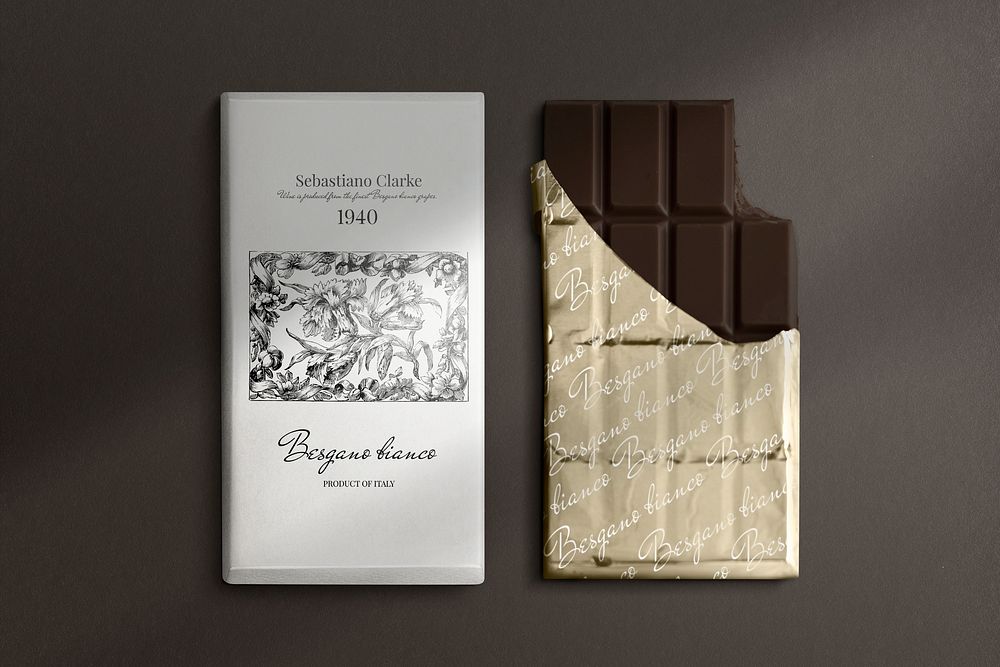 Chocolate bar with minimal packaging flat lay
