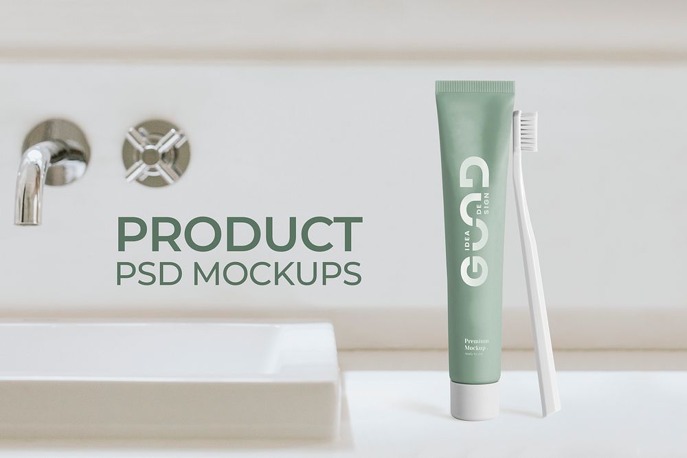 Toothbrush and toothpaste mockup psd in bathroom