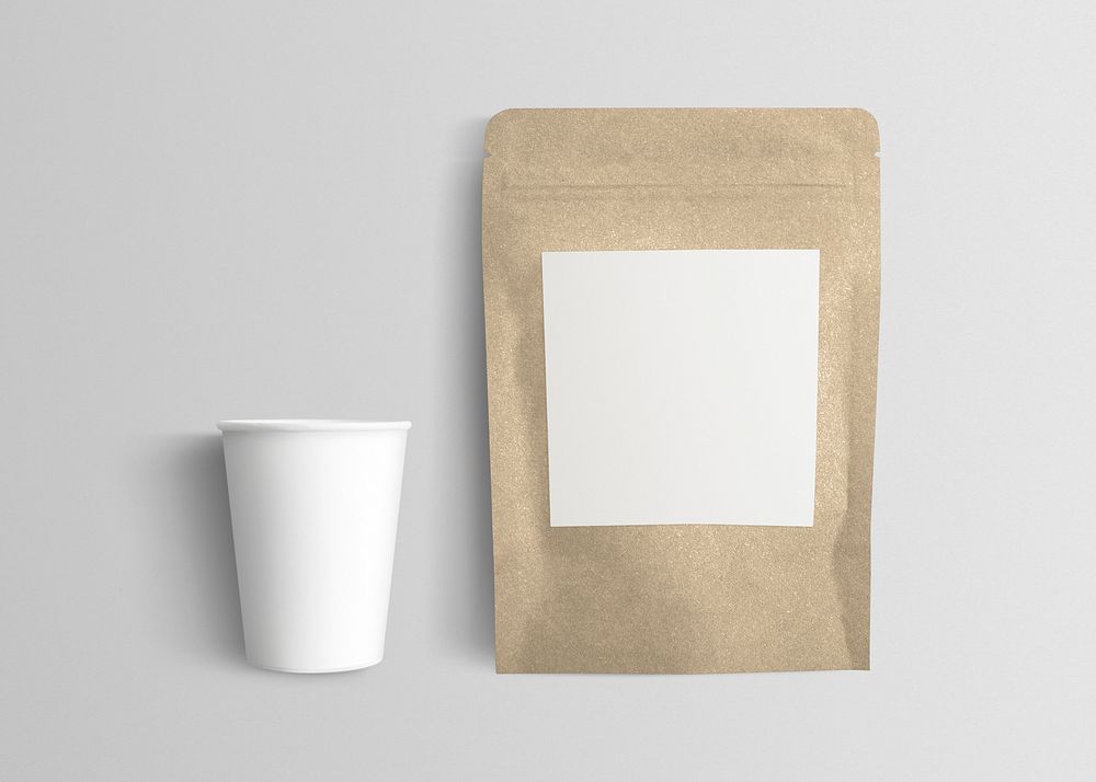 Cafe packaging with coffee bean pouch and paper cup