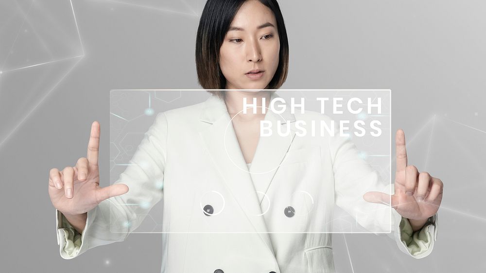 High tech business template vector with woman using virtual screen background