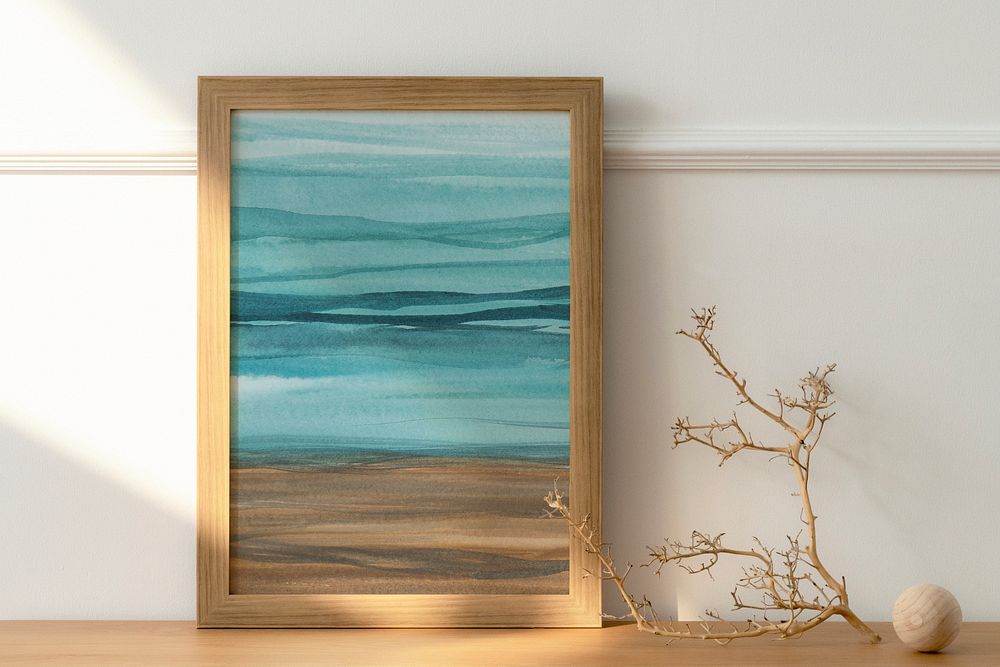 Wooden picture frame with ombre watercolor painting interior design