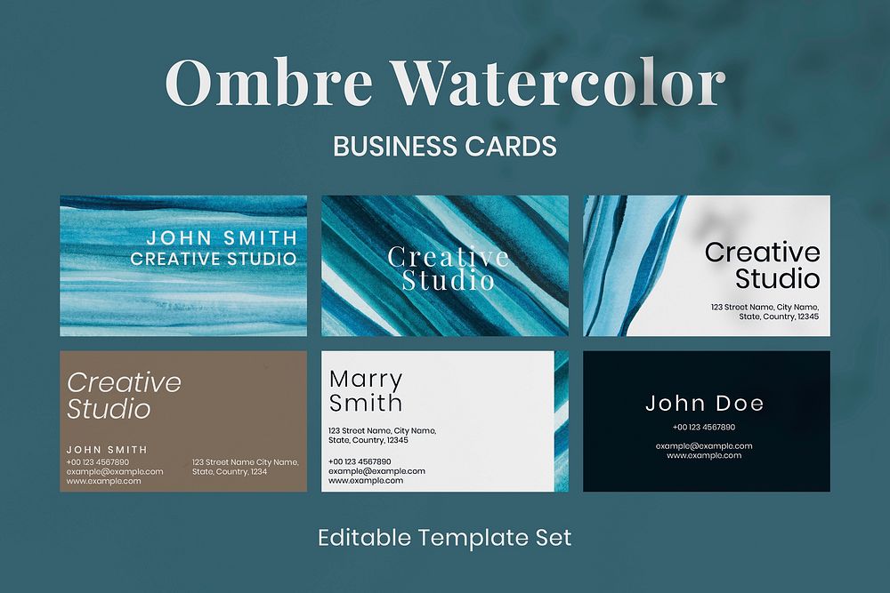 Business card template vector ombre watercolor for creative artists set