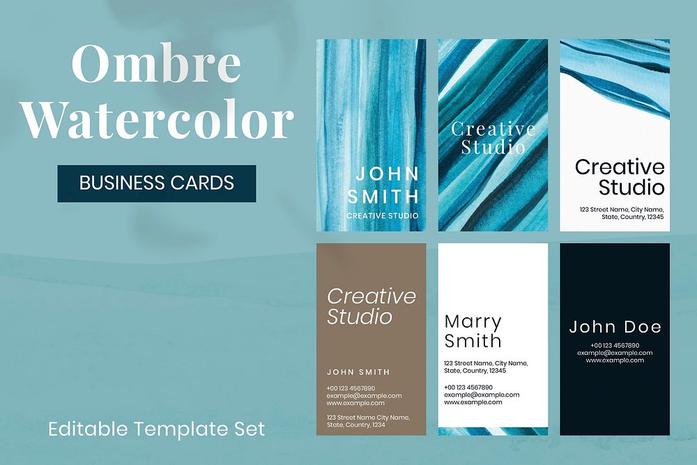 Business card template vector ombre watercolor for creative artists set