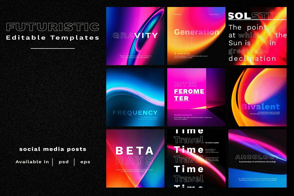 Retro futurism vector template set for social media post