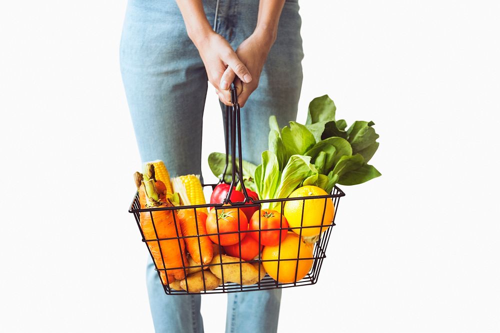 Vegetable shopping basket and fruits for healthy eating campaign