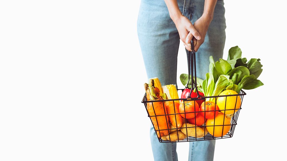 Vegetable shopping basket and fruits for healthy eating campaign