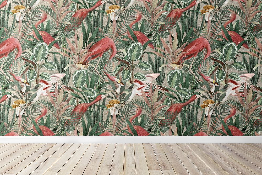 Empty room with tropical wallpaper