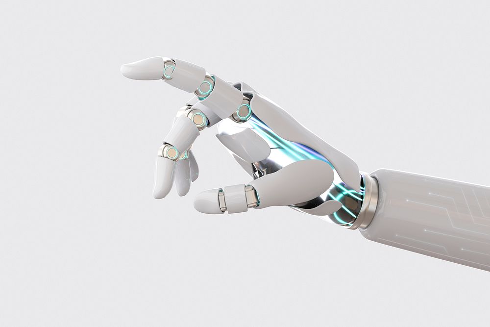 Cyborg hand finger psd pointing, technology background of artificial intelligence