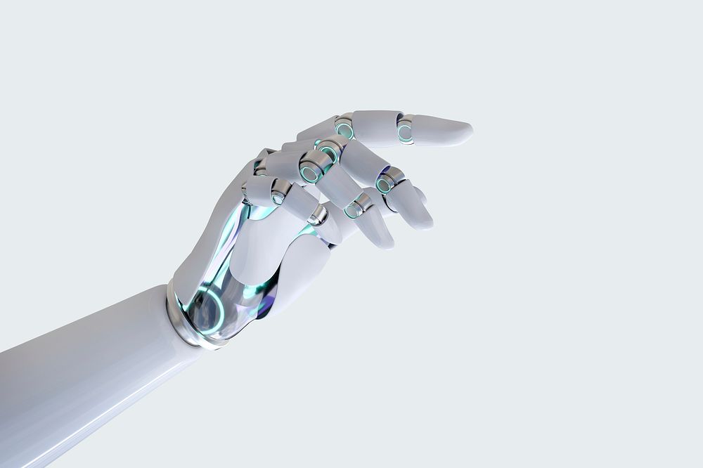 Cyborg hand finger pointing background, technology of artificial intelligence