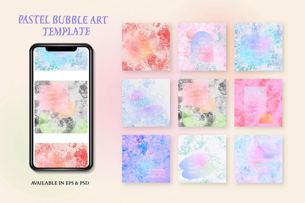 Aesthetic bubble art template vector with romantic quote social media post set