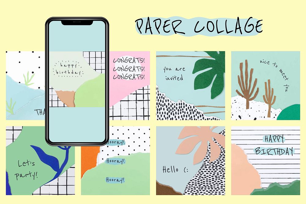 Ripped paper collage template vector set for social media post