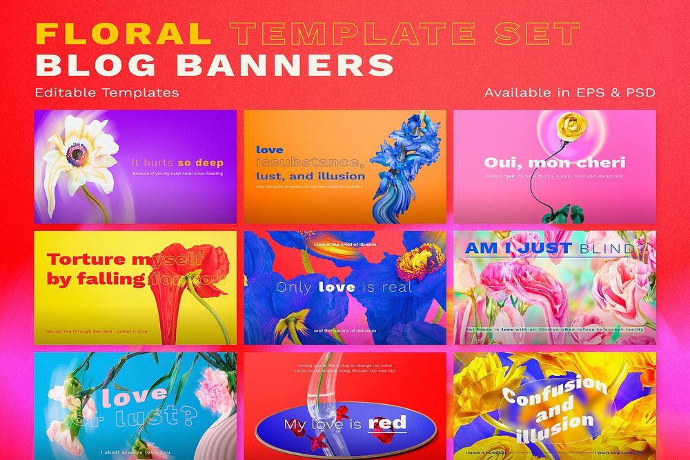 Floral banner templates vector, abstract colorful psychedelic art set
