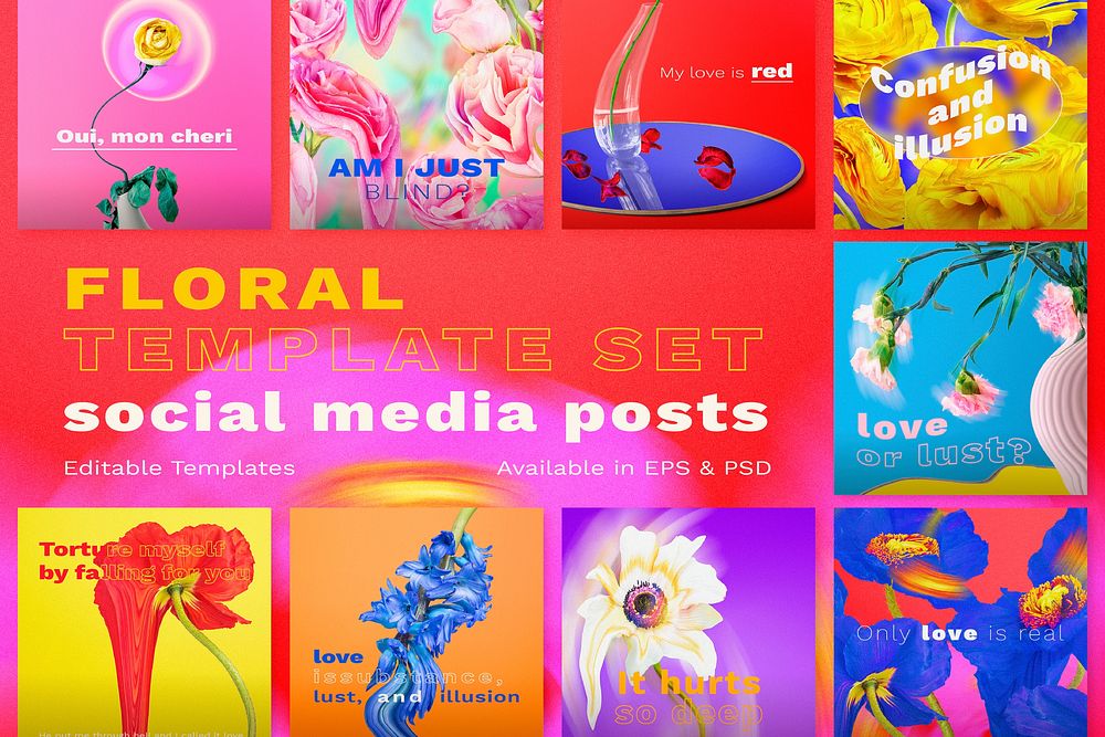 Floral PSD Instagram post templates, abstract colorful psychedelic art set