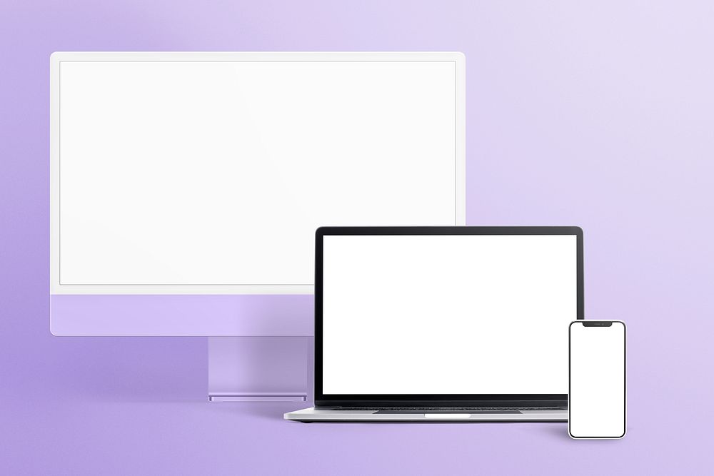 Blank computer, laptop, phone screen on white background
