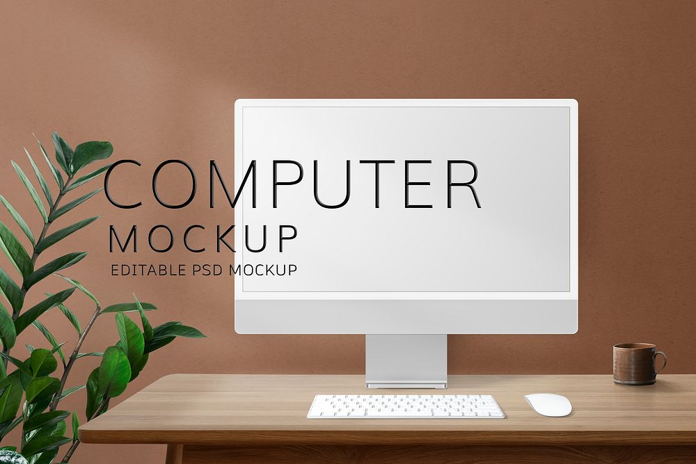 Computer screen mockup psd on a desk in a retro home office