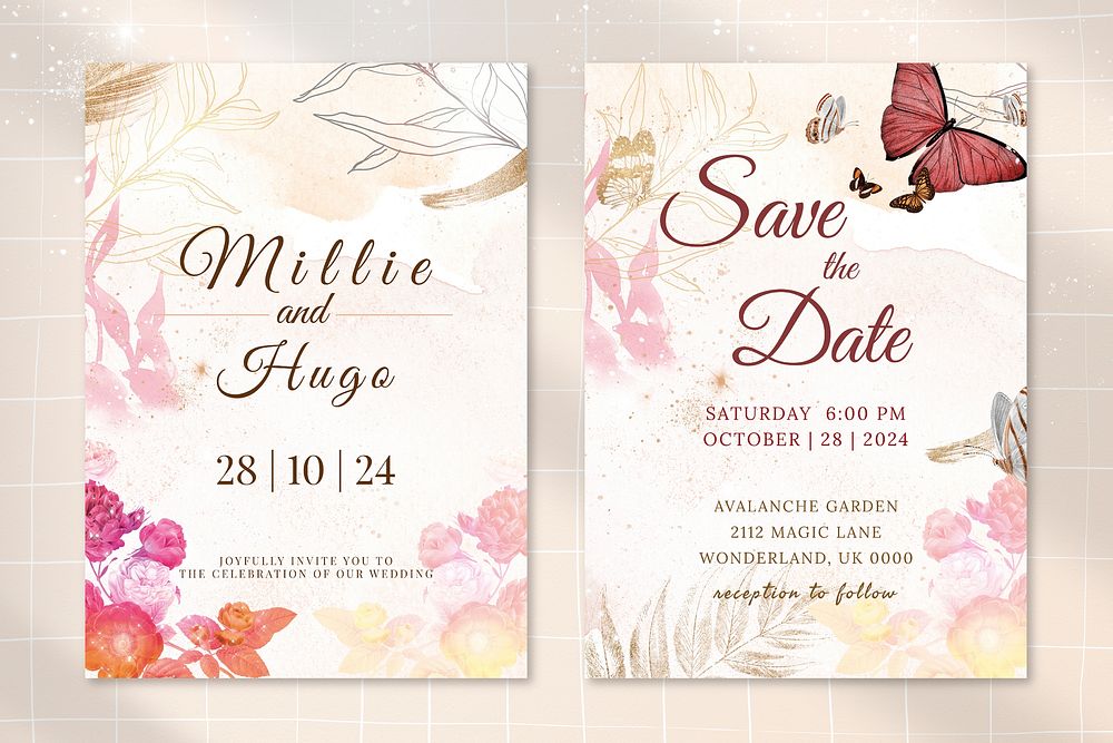 Flower wedding invitation template with aesthetic border vector, remixed from vintage public domain images