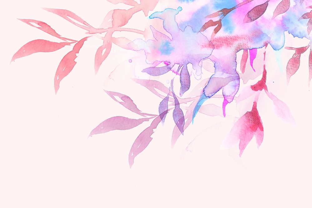 Spring floral border background in pink with leaf watercolor illustration