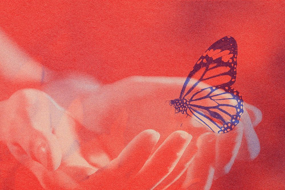 Hand and butterfly double exposure with risograph effect remixed media