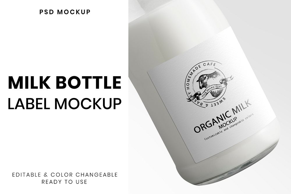 Milk bottle mockup, glass packaging design psd