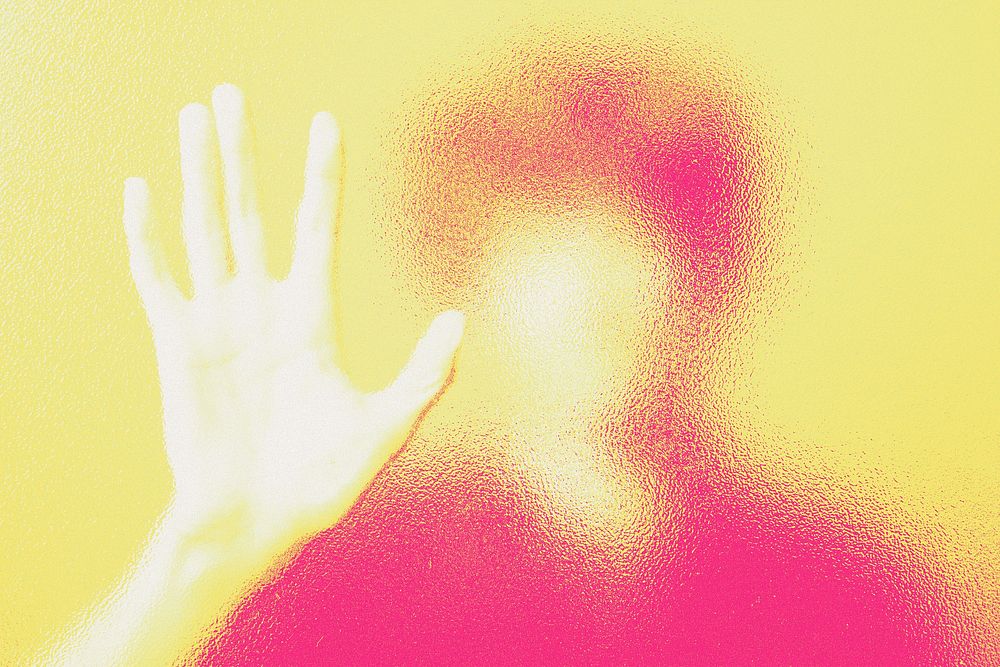 Man behinds blurred glass in double color abstract exposure remixed media