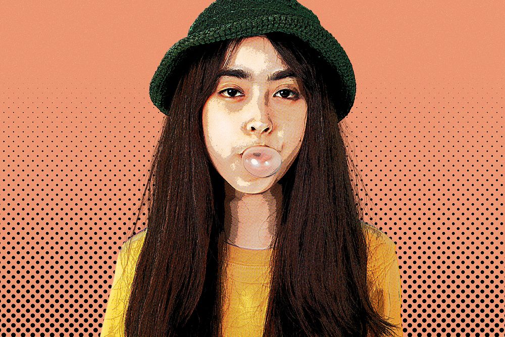 Girl blowing bubblegum in pop art style
