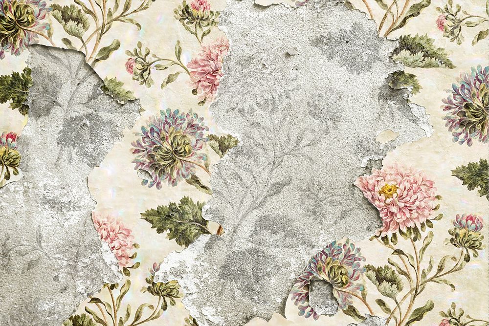 Peeling floral wallpaper on concrete wall