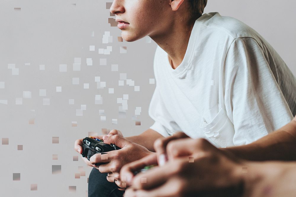 Young gamer in pixel dispersion style