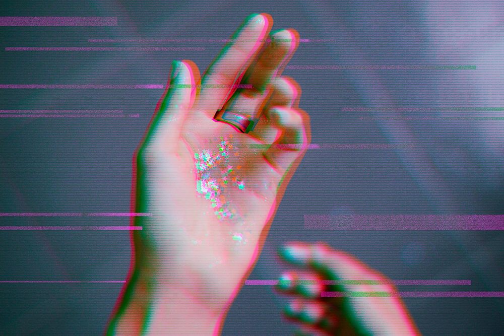 Hand with glitch overlay in 3d tone