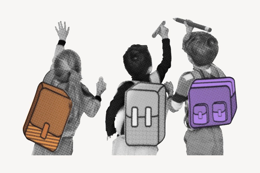 Elementary students collage element, education, black and white with color accent  psd