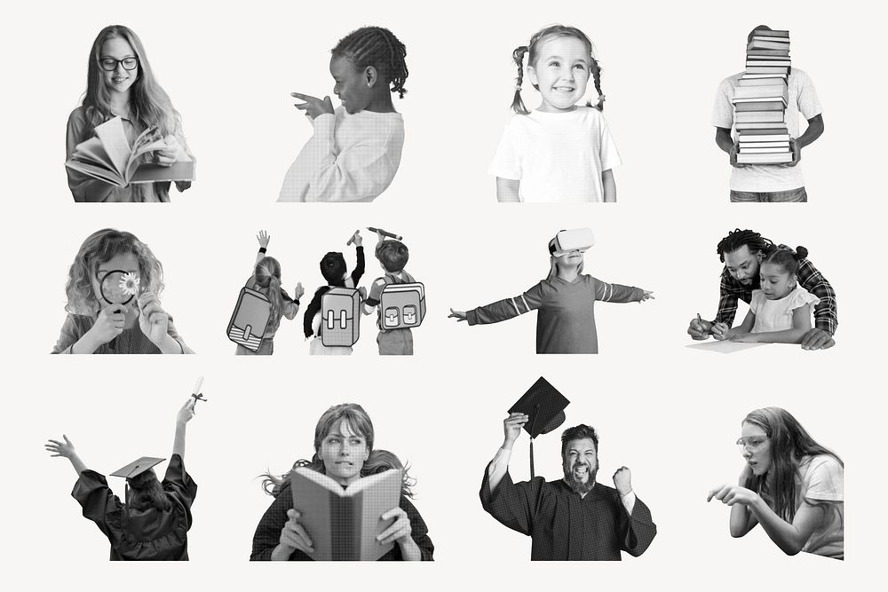 People in education collage element, halftone design set psd