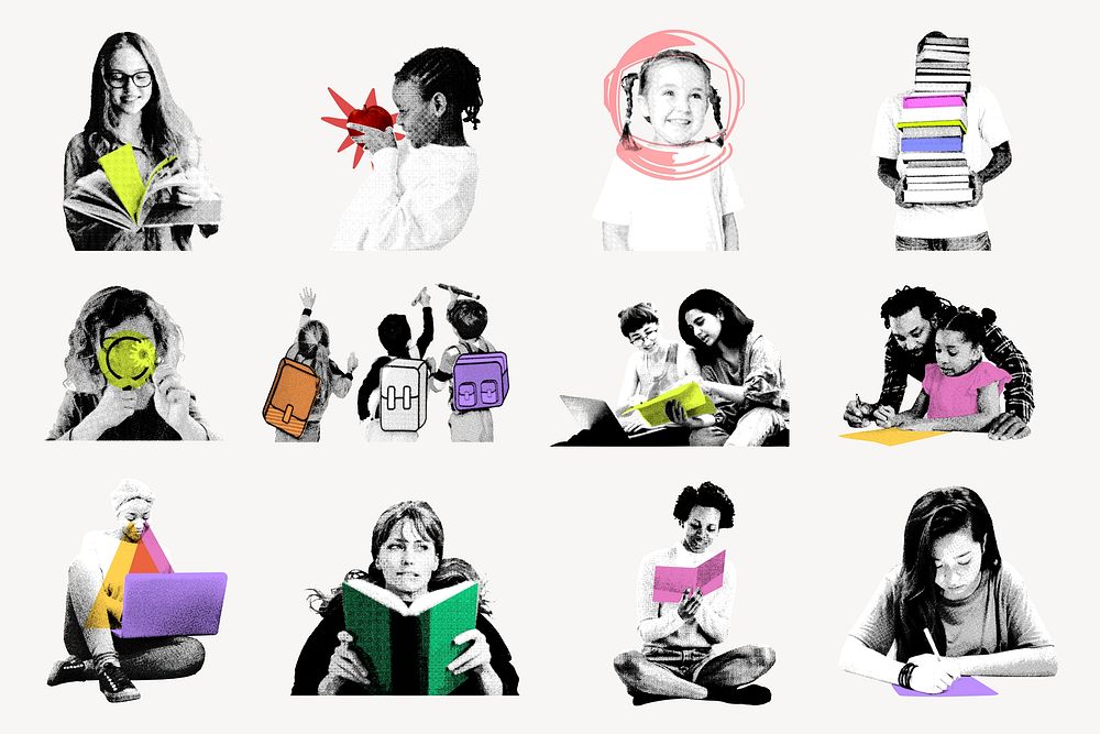 People in education collage element, black and white with pop of color set vector