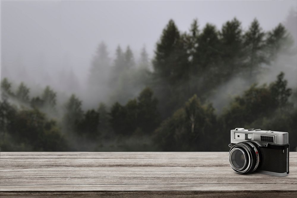 Travel product backdrop, pine tree and camera