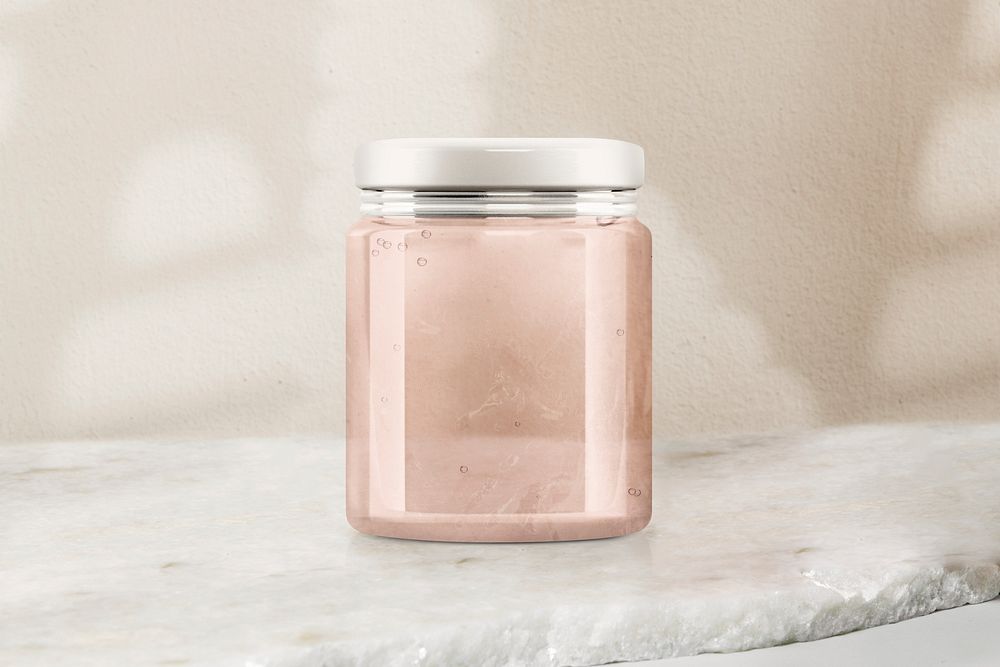 Pink jelly glass jar, food product packaging with design space