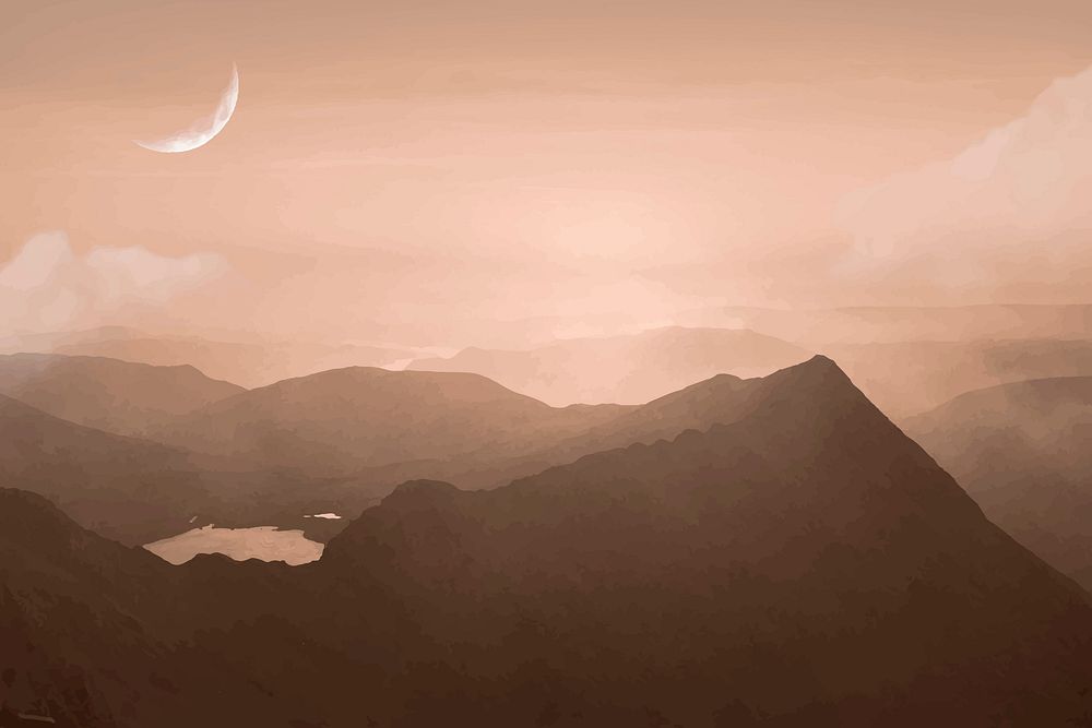 Sunset landscape background vector, aesthetic golden hour, misty mountain range