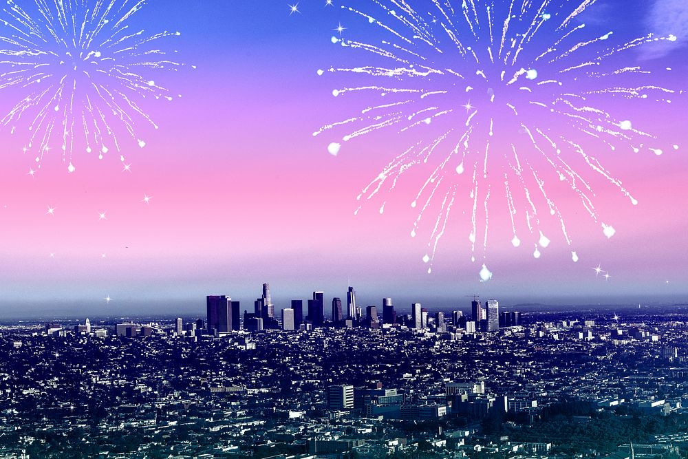 Firework background, new year celebration, pink sky